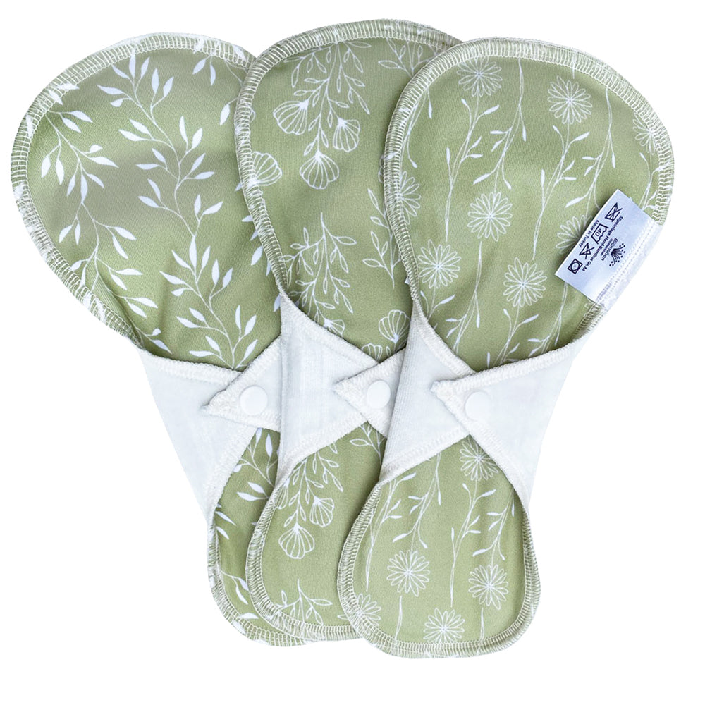 Blümchen - Auslaufsichere Slip-Einlage (Menstruations-Binde) - Floral (Grün) Hanf-Bambus - 3 Stück