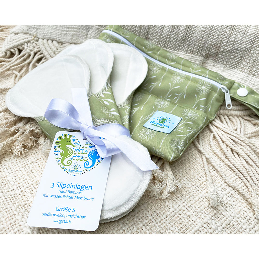 Blümchen - auslaufsichere Slip-Einlage (Menstruations-Binde) - Floral (Grün) Hanf-Bambus - 3 Stück