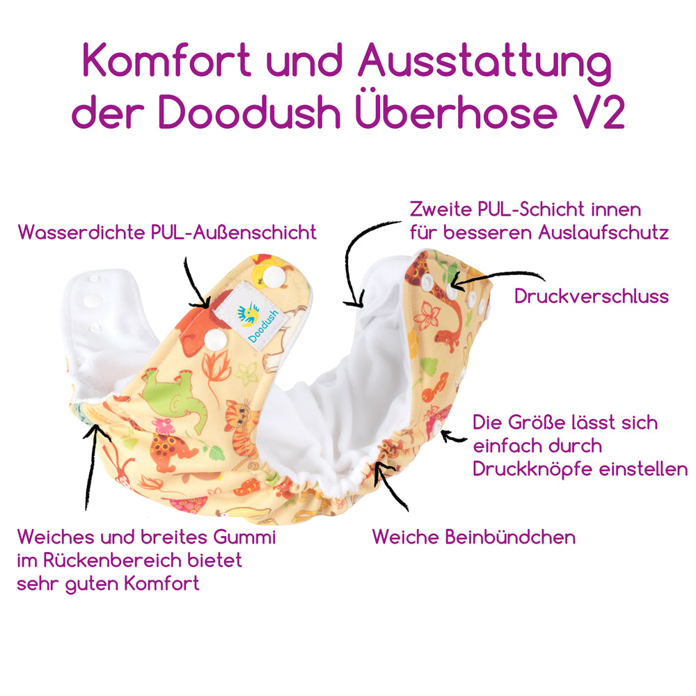 Doodush - V2.0 Überhosen (Prefolds) - Azure (Vögel) - super weiche Überhose - Laschen mit Fleece
