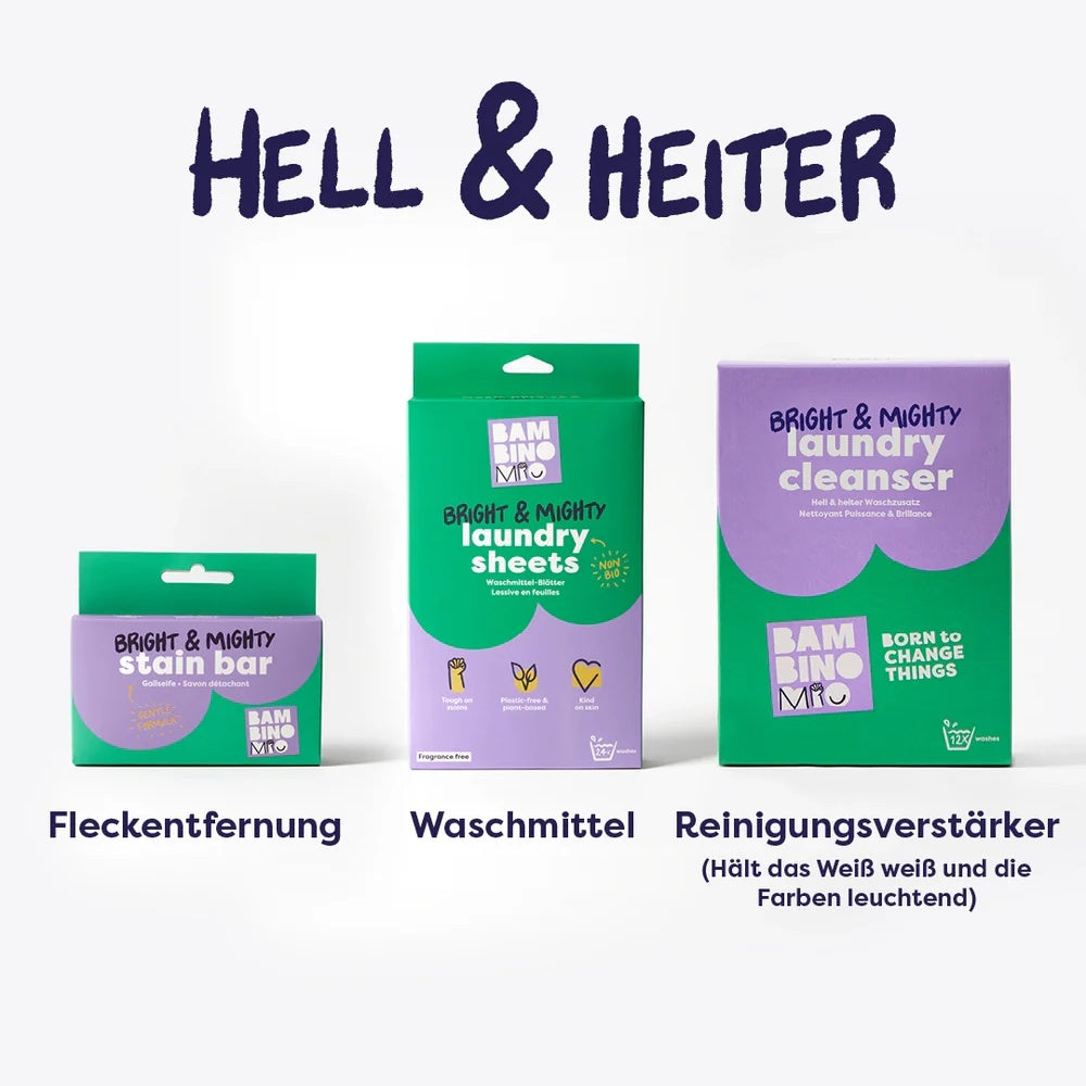 Bright & Mighty Sortiment: Fleckenseife, Waschblätter und Reinigungsverstärker