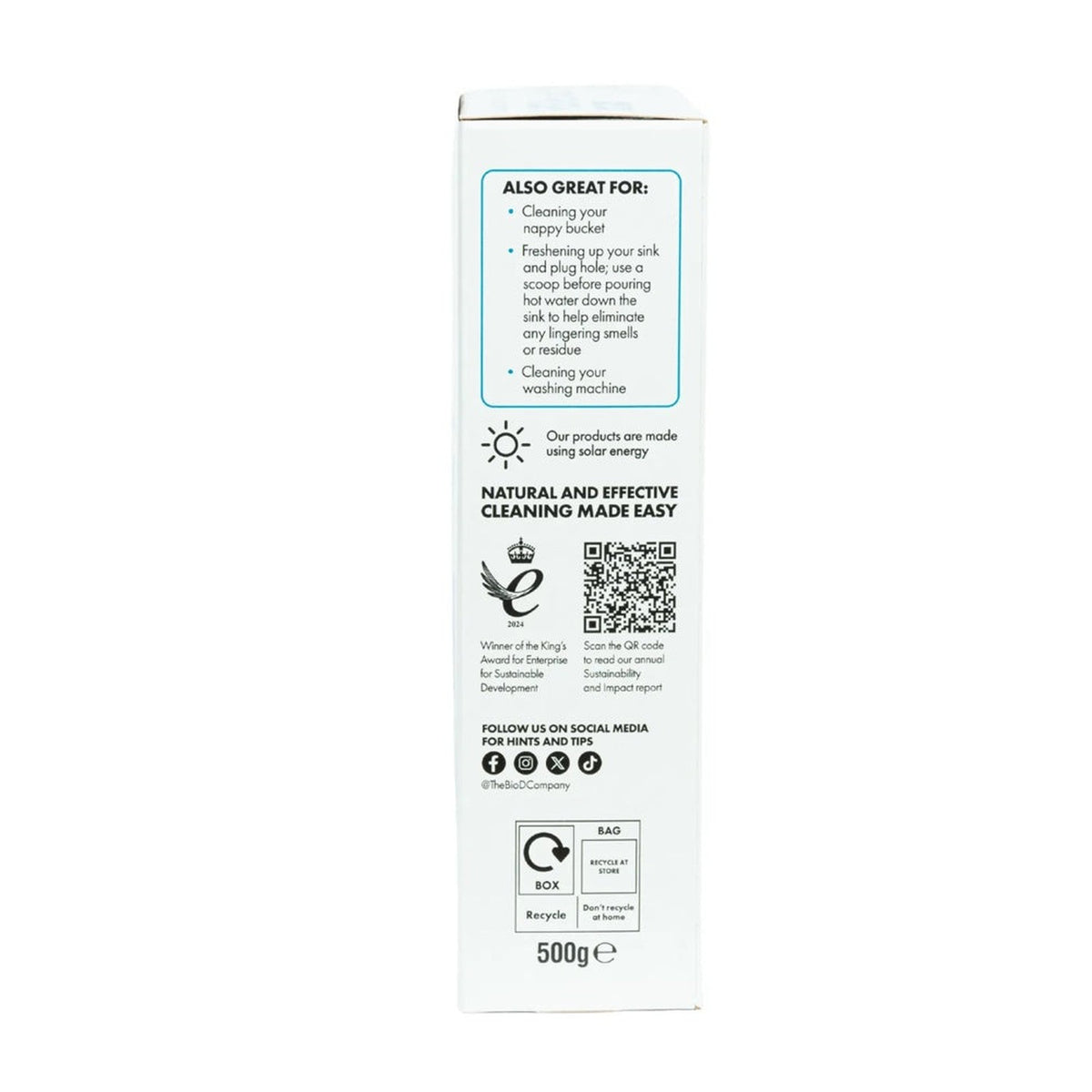 Bio-D Nappy Fresh 500 g, Seitenansicht der Packung mit Anwendungshinweisen und QR-Code