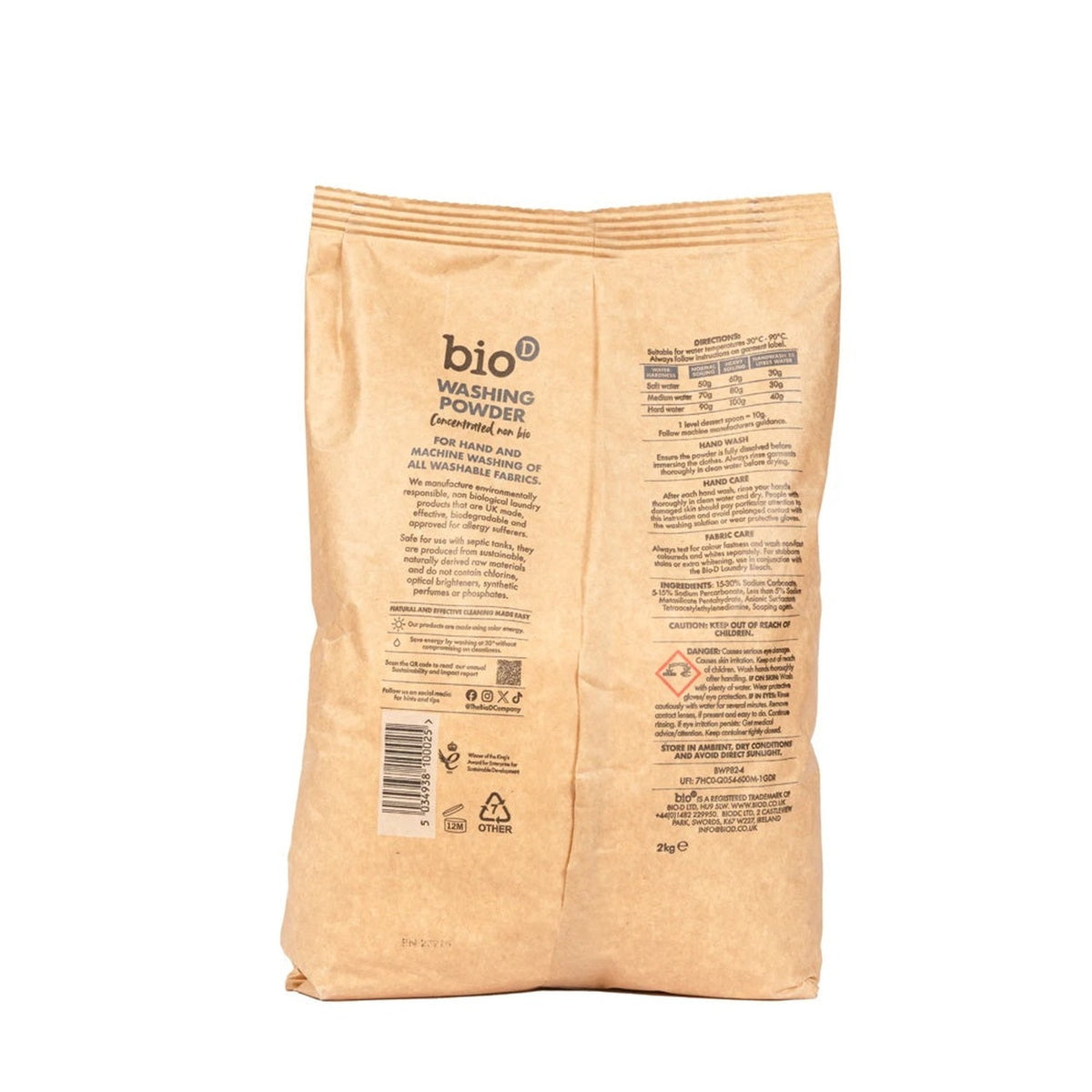 Bio-D Konzentriertes Waschpulver, Rückseite der Verpackung mit Inhaltsstoffen und Dosierung