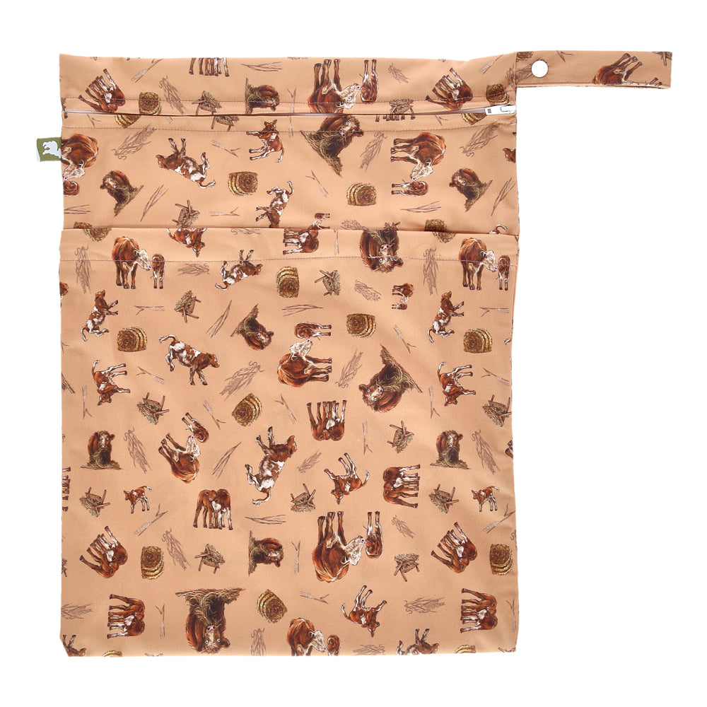 Little Lamb Nasstasche Größe L im Design I love moo mit Kälbchen auf Pfirsich, von vorn mit Trockenfach und Schlaufe