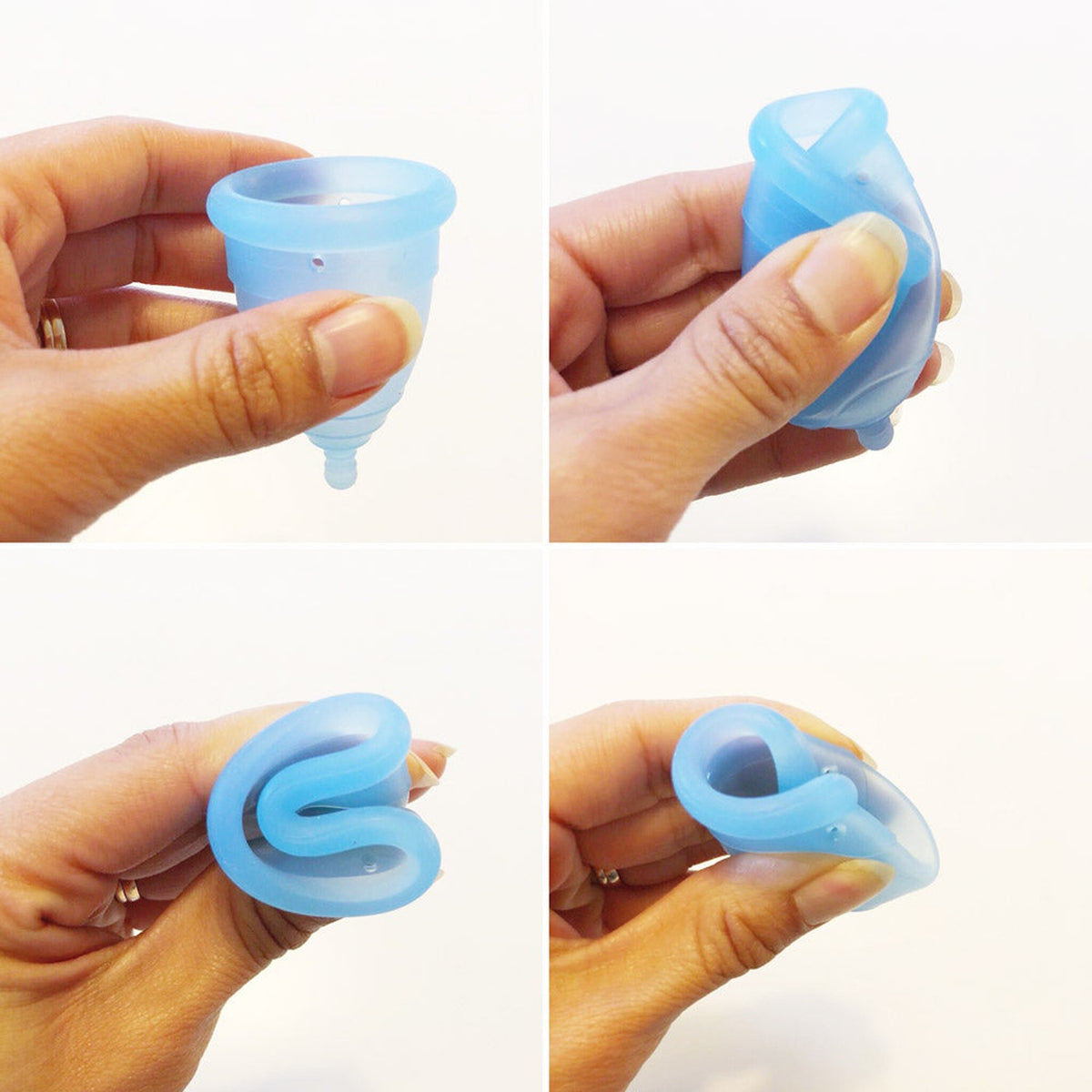 MonthlyCup Menstruationstasse: vier Falttechniken zum Einführen Schritt für Schritt in der Hand gezeigt