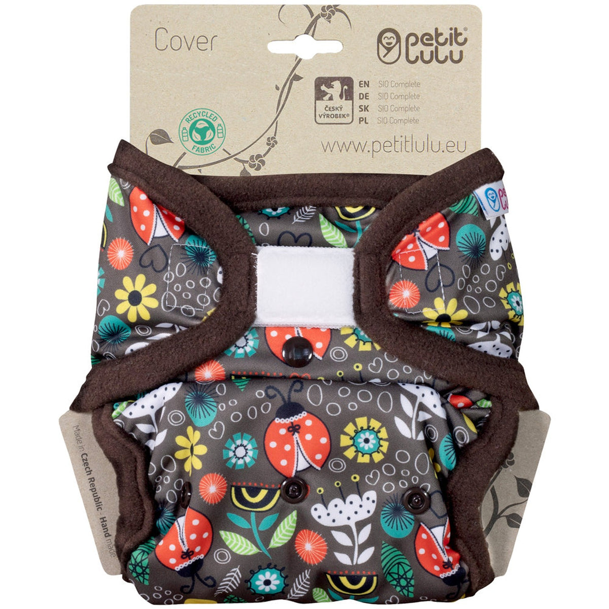 Petit Lulu SIO-Überhose mit Klettverschluss im Design Ladybugs Fair, Marienkäfer und Blumen, braune Bündchen