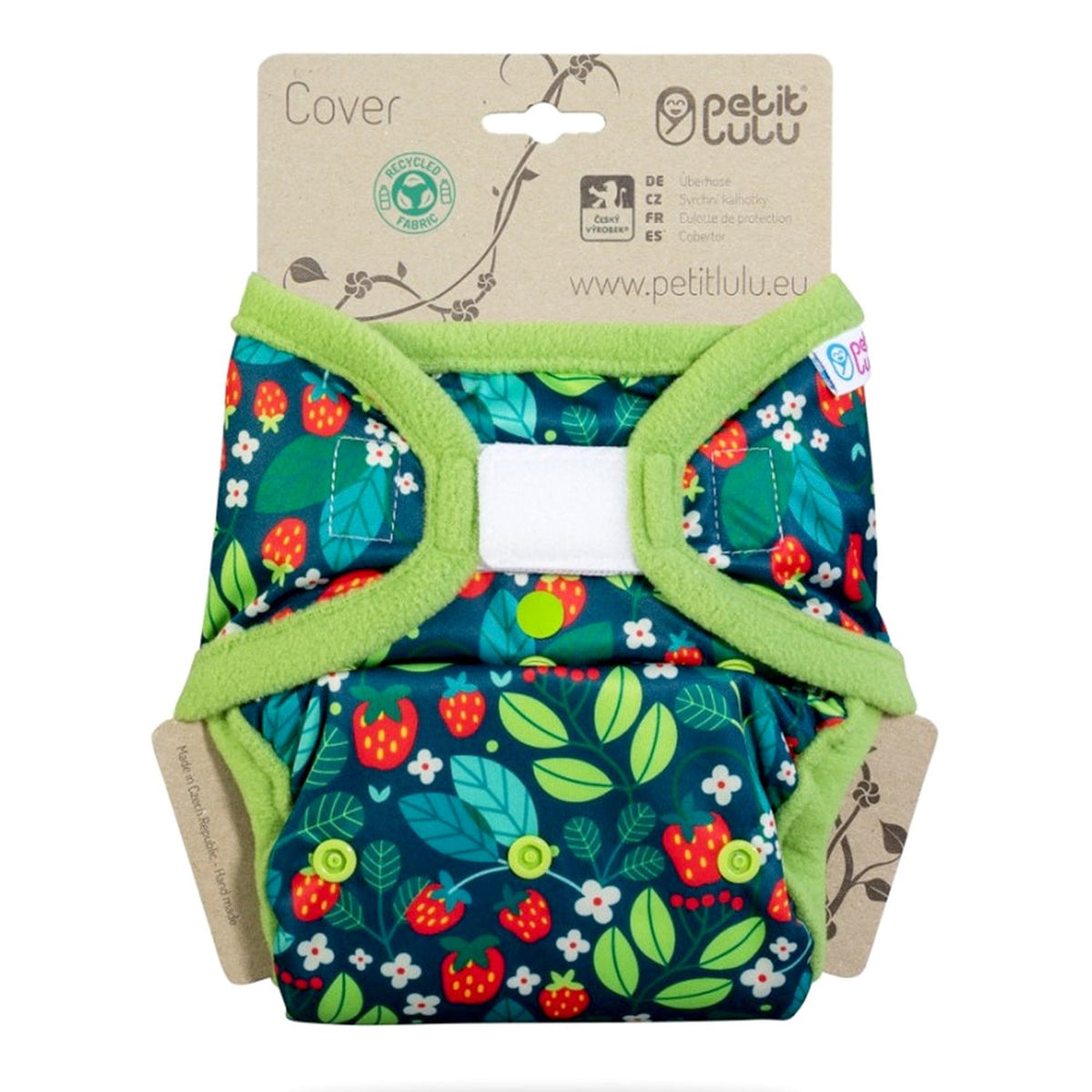 Petit Lulu Überhose mit Klettverschluss im Design Wild Strawberries, Erdbeeren auf Dunkelgrün, grüne Bündchen