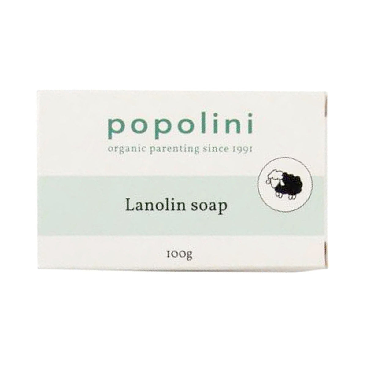 Verpackung der Popolini Lanolin Soap 100 g, weißer Karton mit Schaf-Logo