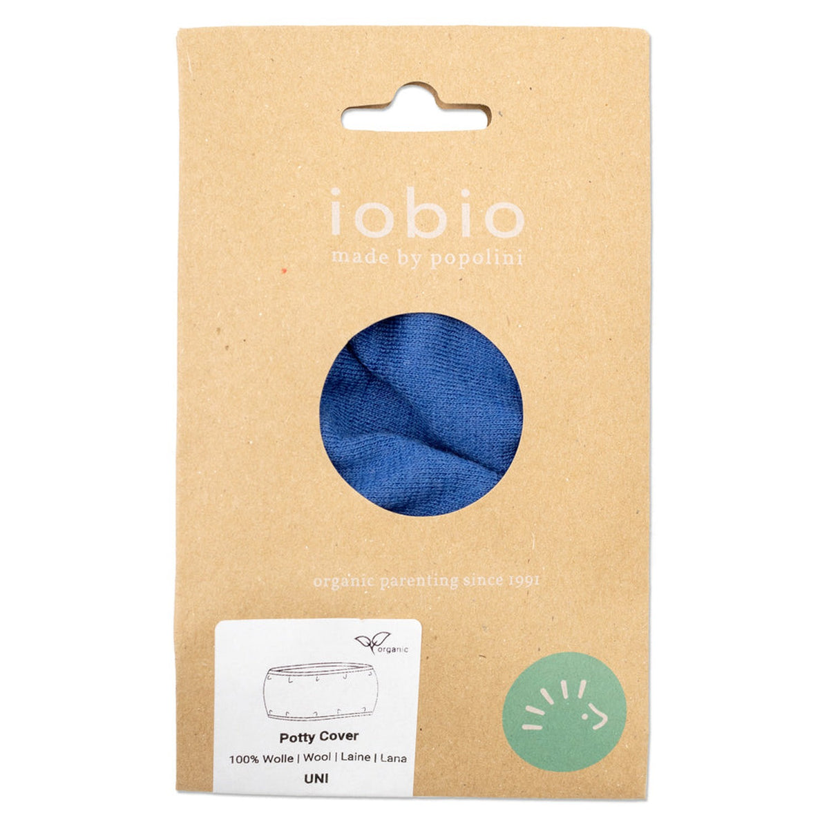 Verpackung des Popolini Töpfchenbezugs aus Wolle in Mittelblau, Kraftpapier-Beutel mit Sichtfenster