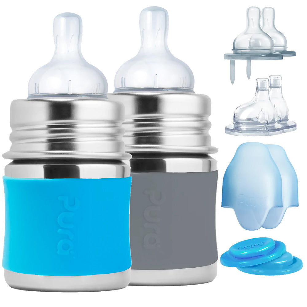 Pura Kiki Geschenkset mit 2 Edelstahl-Trinkflaschen 150 ml und Zubehör – im Design Blau & Grau