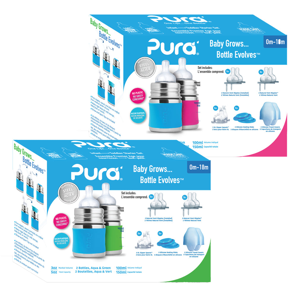 Pura Kiki Geschenkset mit 2 Edelstahl-Trinkflaschen 150 ml und Zubehör – in drei Farbkombinationen (Übersicht)