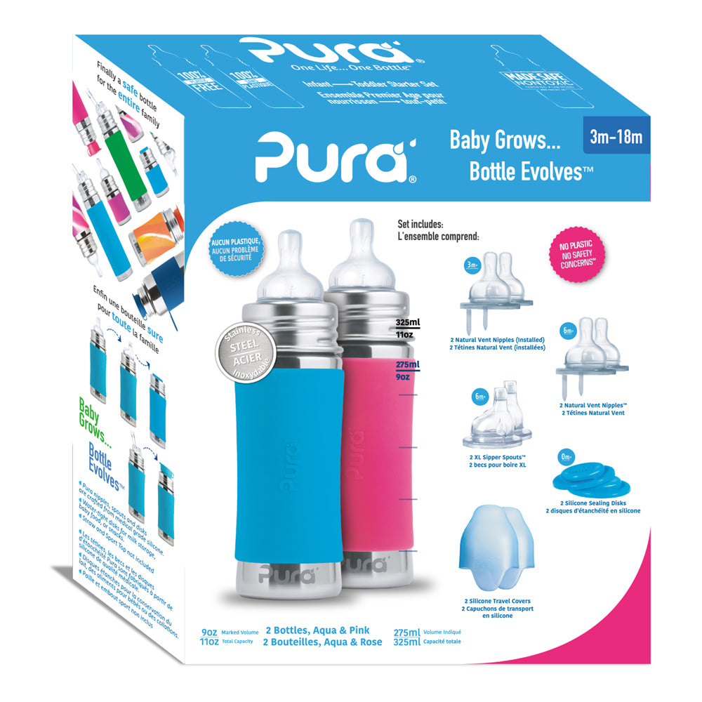 Pura Kiki Geschenkset mit 2 Edelstahl-Trinkflaschen 325 ml und Zubehör – im Design Blau & Pink – Ansicht 2