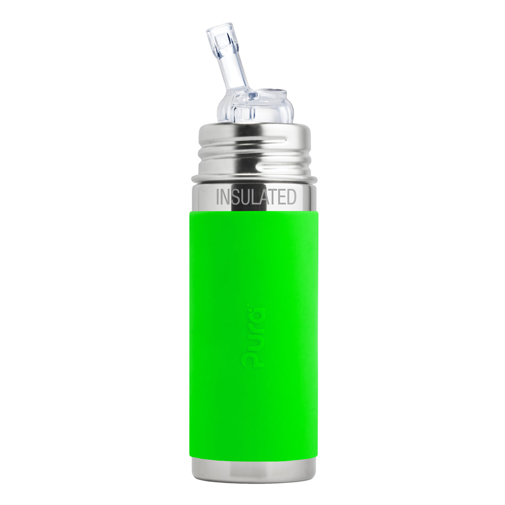 Pura Kiki isolierte Edelstahl-Trinkflasche 260 ml mit Strohhalm-Aufsatz – im Design Grün