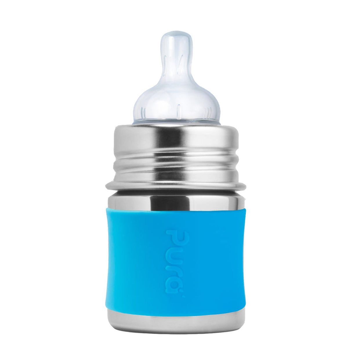 Pura Kiki Silikonüberzug (Sleeve) für 150-ml-Flaschen – Beispielbild: Flasche mit Sleeve in Blau