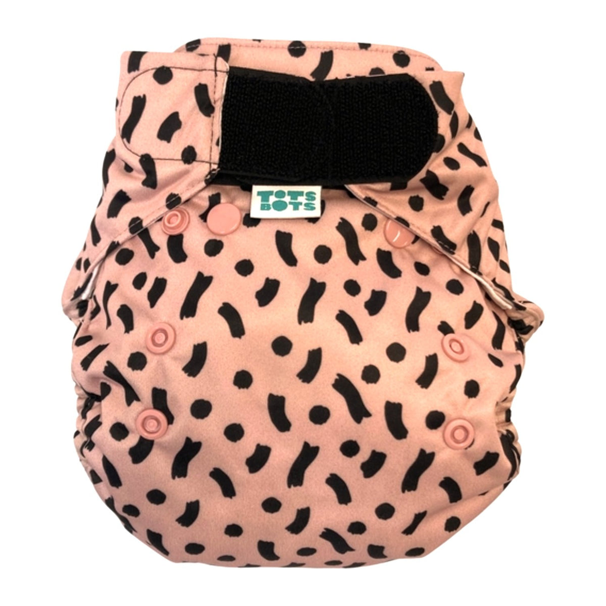 TotsBots Bamboozle Wrap Überhose One Size in Pink Confetti: rosa Stoff mit schwarzem Konfetti-Muster, Klettverschluss vorn