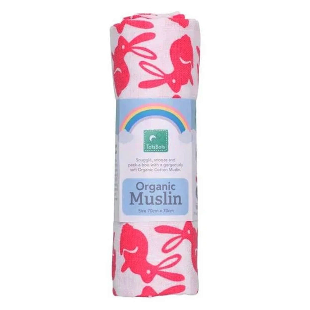 TotsBots Organic Muslin Mullwindel 70 × 70 cm aus 100 % Bio-Baumwolle im Design Bummy Wabbit