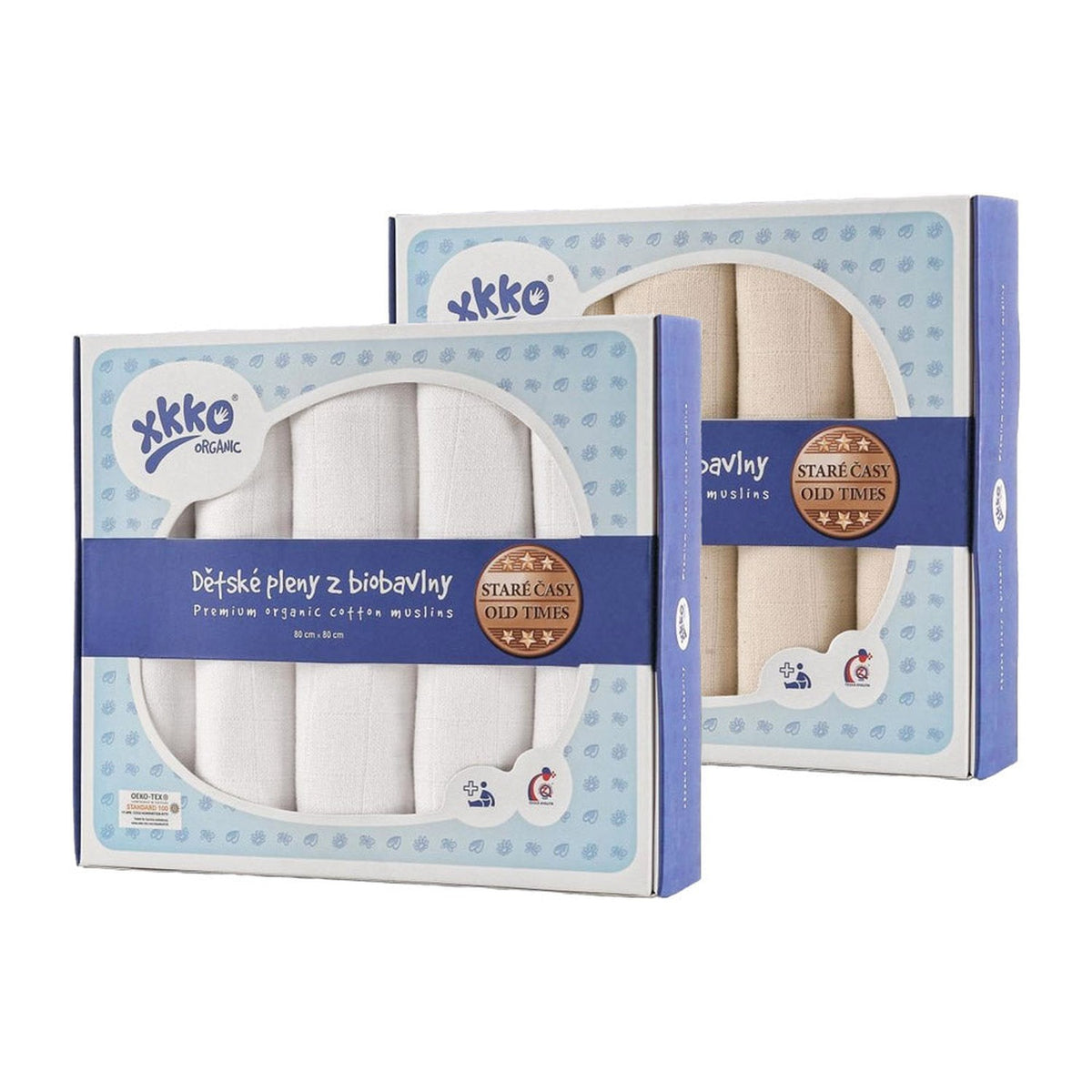XKKO Organic Mullwindeln 80 x 80 cm: Fünferpacks in Weiß und Natur in der Geschenkbox