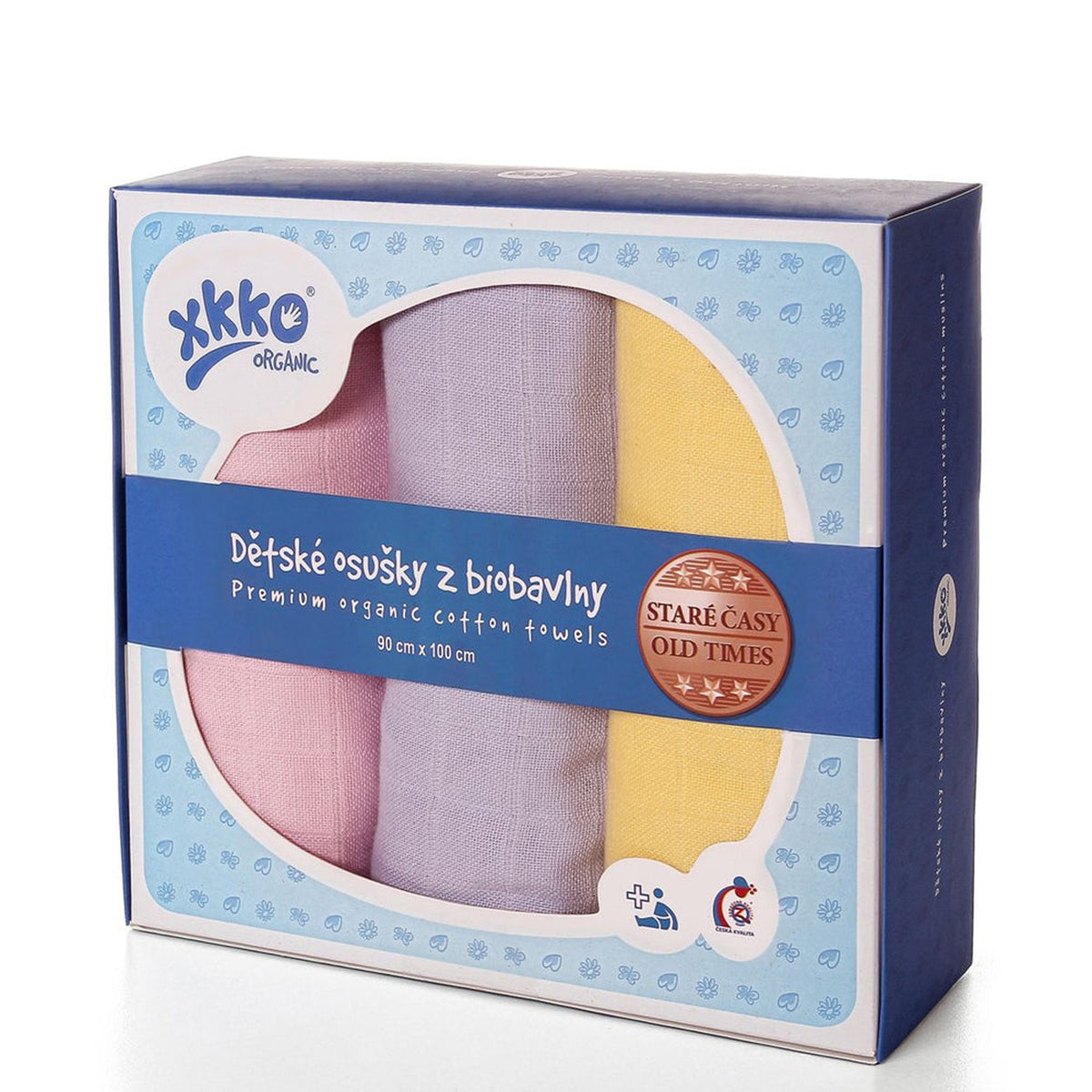 XKKO Bio-Mulltücher 90 x 100 cm farbig für Mädchen in Rosa, Lila und Gelb, Dreierpack