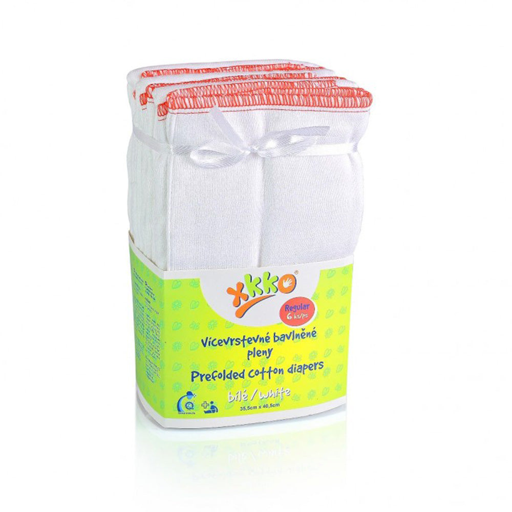 XKKO Prefolds Weiß Medium mit rotem Saum, sechs Stück in der Verpackung