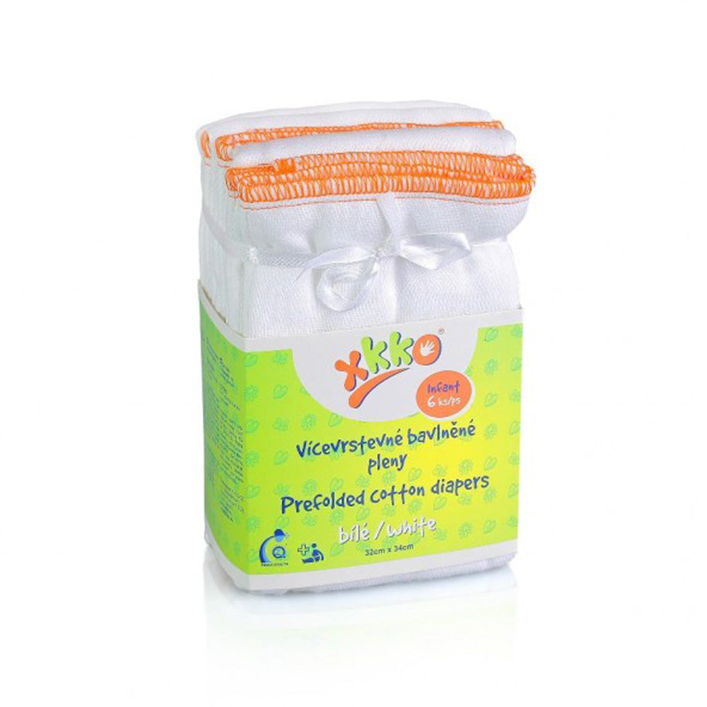 XKKO Prefolds Weiß Small mit orangem Saum, Sechserpack