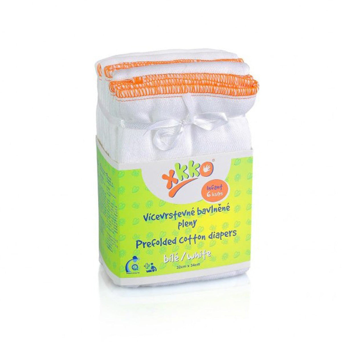 XKKO Prefolds Weiß Small mit orangem Saum, Sechserpack