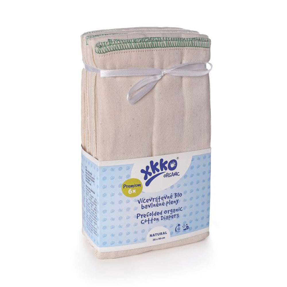 XKKO Prefolds Large aus Bio-Baumwolle mit grünem Saum, Sechserpack in der Verpackung