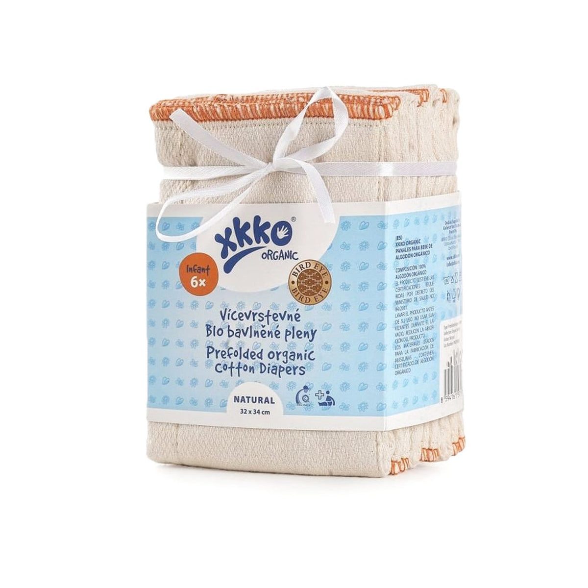 XKKO Birdseye-Prefolds Small mit orangem Saum, Sechserpack aus Bio-Baumwolle
