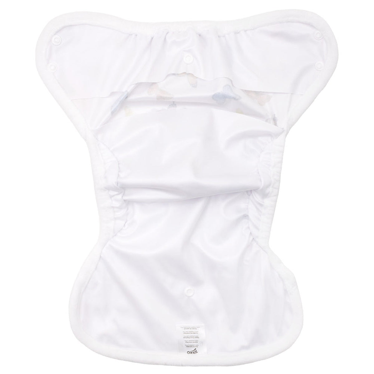 Innenansicht der XKKO Überhose One Size: wasserdichtes weißes PUL und doppelte Beinbündchen, Design Pfauenfedern