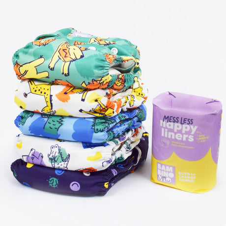 Bambino Mio - Revolutionäre wiederverwendbare Windel - Probier Box - Bold - Inhalt: 5 revolutionäre wiederverwendbare Windeln, 1 Packungen Anti-Sauerei Windelvlies (für 100 x Wickeln)