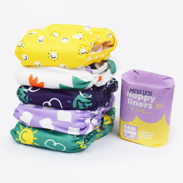 Bambino Mio - Revolutionäre wiederverwendbare Windel - Probier Box - Brave - Inhalt: 5 revolutionäre wiederverwendbare Windeln, 1 Packungen Anti-Sauerei Windelvlies (für 100 x Wickeln)