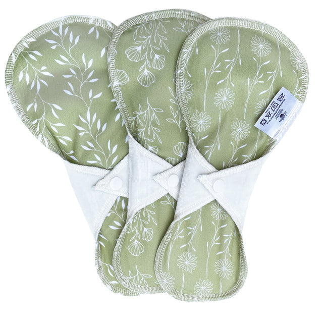 Blümchen - Auslaufsichere Slip-Einlage (Menstruations-Binde) - Floral (Grün) Hanf-Bambus - 3 Stück