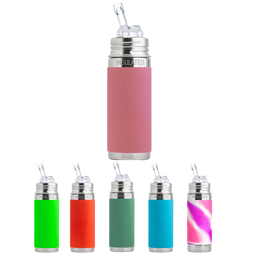 Pura Kiki ISO-Trinkflasche 260ml - mit Strohhalm Aufsatz, Schutzkappe und Sleeve