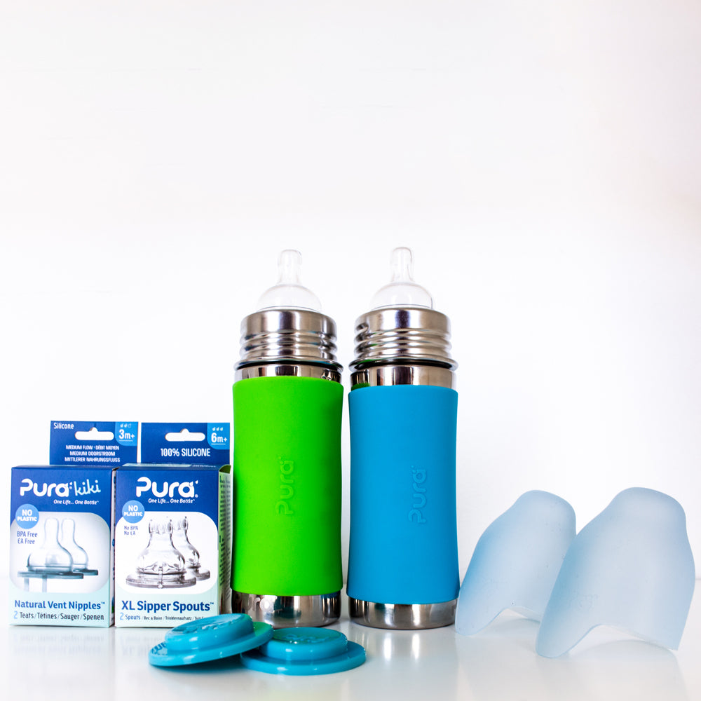 Pura Kiki Trinkflasche - Geschenkset - 2x 325ml Flaschen (inkl. 5x Zubehör)