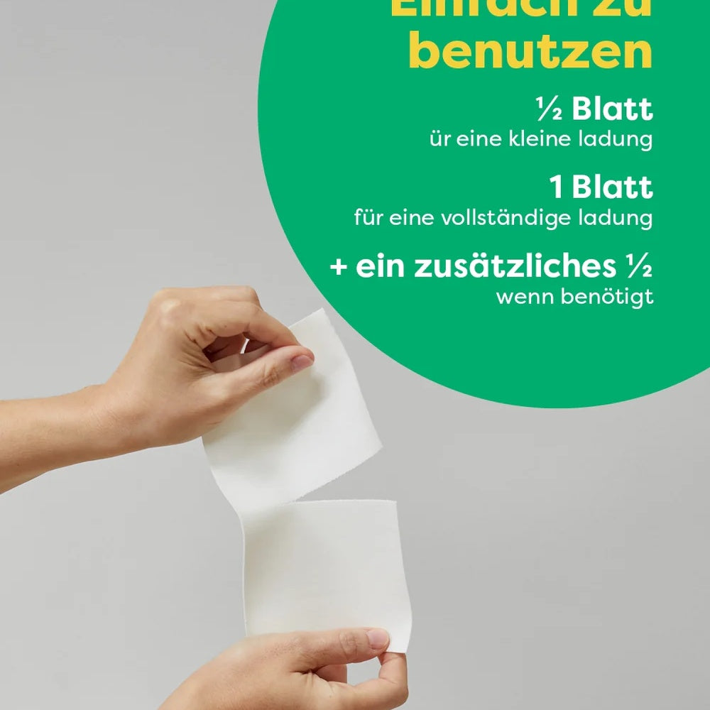 Waschblätter einfach dosieren: halbes Blatt für kleine, ein Blatt für volle Ladung