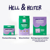 Bright & Mighty Sortiment: Fleckenseife, Waschmittelblätter und Reinigungsverstärker