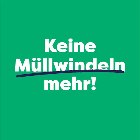 Grüne Bambino Mio Grafik mit dem Slogan „Keine Müllwindeln mehr!“