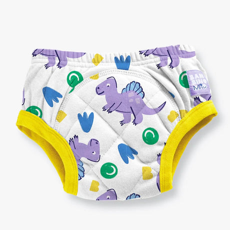 Bambino Mio Trainer (Töpfchen-Trainingshose aus Baumwolle) mit X-Naht im Design Crash mit lila Dinos, gelber Bund