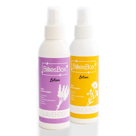 Billies Box Pflege-Lotion 150 ml: Sprühflaschen Lavendel (lila) und Kamille (gelb) nebeneinander