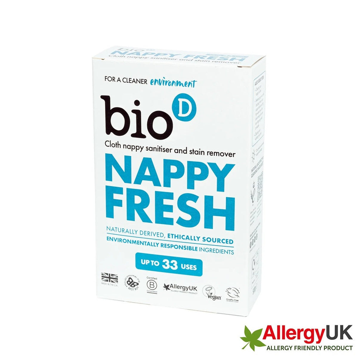 Bio-D Nappy Fresh 500 g Packung von vorn, Hygienepulver und Fleckentferner für Stoffwindeln