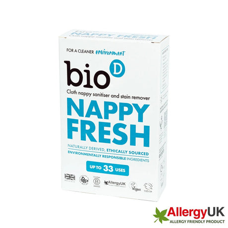 Bio-D Nappy Fresh 500 g Packung von vorn, Hygienepulver und Fleckentferner für Stoffwindeln