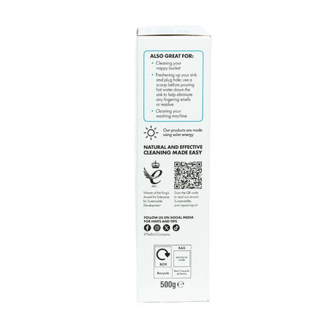 Bio-D Nappy Fresh 500 g, Seitenansicht der Packung mit Anwendungshinweisen und QR-Code