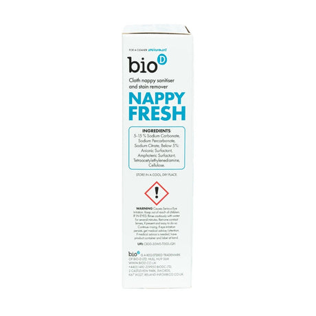 Bio-D Nappy Fresh 500 g, Seitenansicht mit Inhaltsstoffen und Gefahrenhinweis