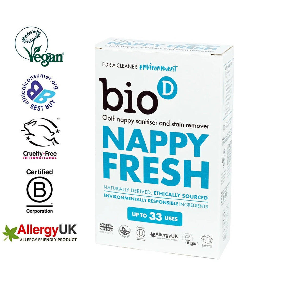 Bio-D Nappy Fresh 500 g Hygienepulver für Stoffwindeln mit Siegeln: Vegan, Cruelty Free, Allergy UK