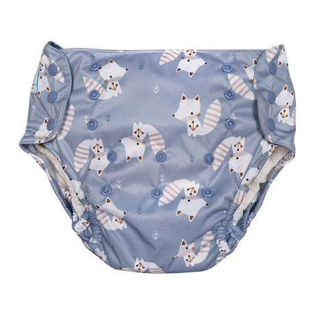 Blümchen Eco Shell 2in1 XL mit Druckknöpfen, blau mit Fuchsmuster, Vorderansicht mit Druckknopfreihen