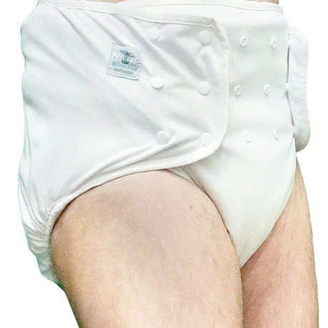Anwendungsbeispiel: Blümchen Kinder- und Erwachsenen-Höschenwindel (Inkontinenzwindel) mit Überhose – Ansicht 2