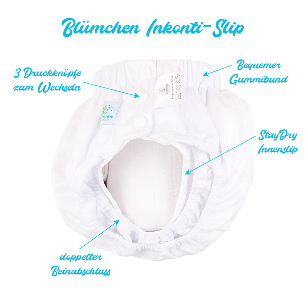 Blümchen Kinder- und Erwachsenen-Stoffwindel (Inkontinenzslip mit Druckknöpfen) Weiß – Ansicht 5