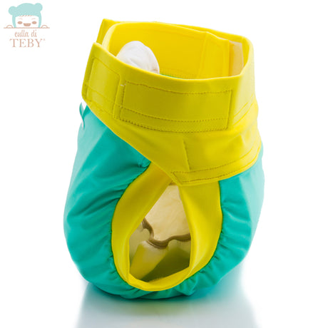 Culla di Teby „Soft Touch“ Überhose und Schwimmwindel im Design Türkis & Gelb, geöffnet
