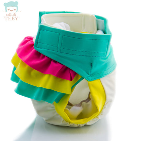 Culla di Teby „Soft Touch“ Überhose und Schwimmwindel im Design Weiß & Türkis (mit Rüschen), geöffnet