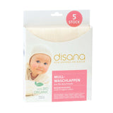 Verpackung der Disana Mull-Waschlappen im 5er-Pack mit rosa Etikett und Babyfoto