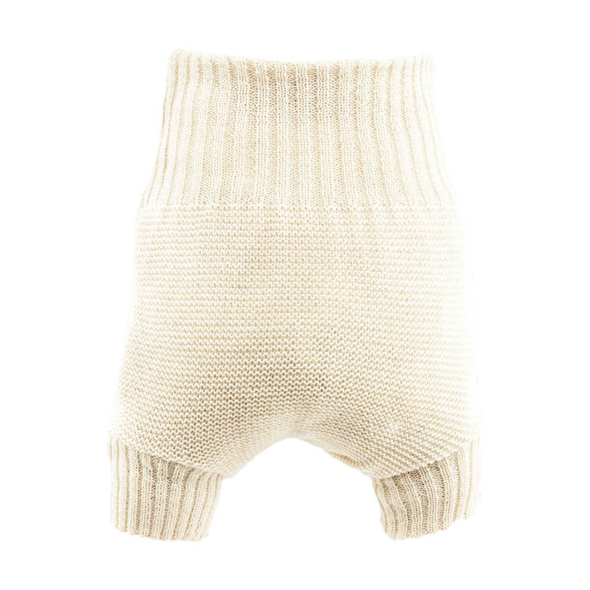 Disana Wollüberhose doppelt gestrickt in Natur (Weiß), von vorn mit breitem Rippbund und Beinbündchen
