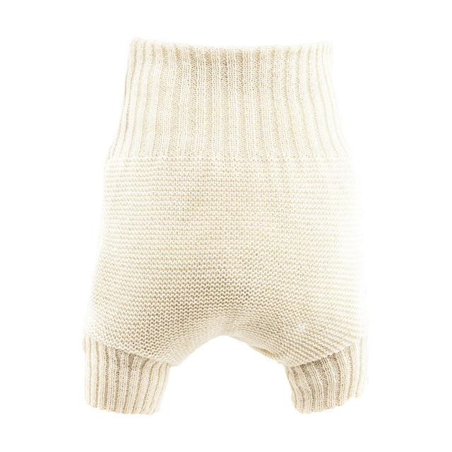 Disana Wollüberhose doppelt gestrickt in Natur (Weiß), von vorn mit breitem Rippbund und Beinbündchen